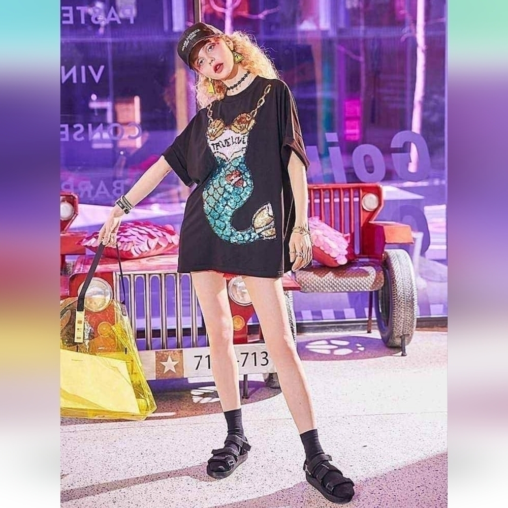 Sequin TRUE LOVE Mermaid Graphic Black Sheer Top Mini Dress Cover-up Large Rave